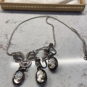 Cameos by Milano screw on silver tone cameo earrings and necklace